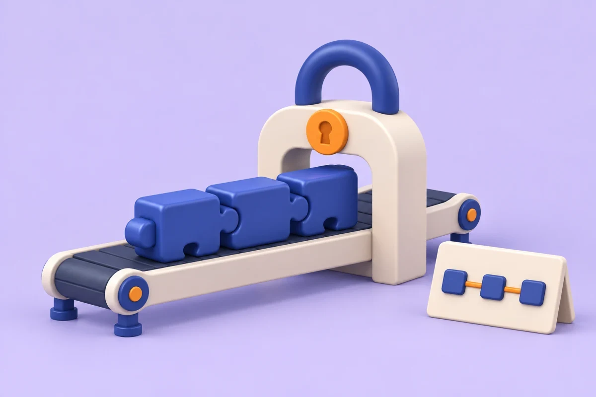 Cobalt puzzle blocks travel along a cream conveyor through a padlock-shaped arch, beside a dependency diagram on a lavender background.